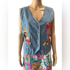 Denim Cats Vest applique embroidered red flowers floral design-NOS vintage